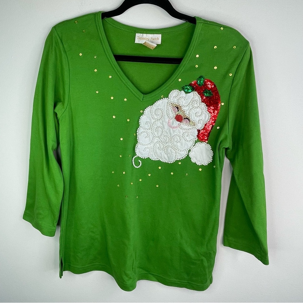 Green 3/4 Sleeve Santa Beaded Top Size S